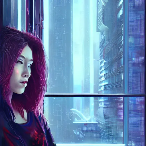 Image similar to portrait of cyberpunk woman looking out of a window, cyberpunk setting, futuristic, highly detailed, intricate lighting, digital painting, sharp focus, illustration, trending on artstation, art by chengwei pan.