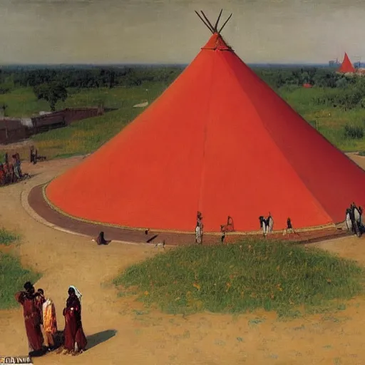 Prompt: dahomey officials with flat colorful umbrellas gather nearby tall red teepee in ahomey's huge main square, from above, 1905, highly detailed, oil on canvas, by ilya repin