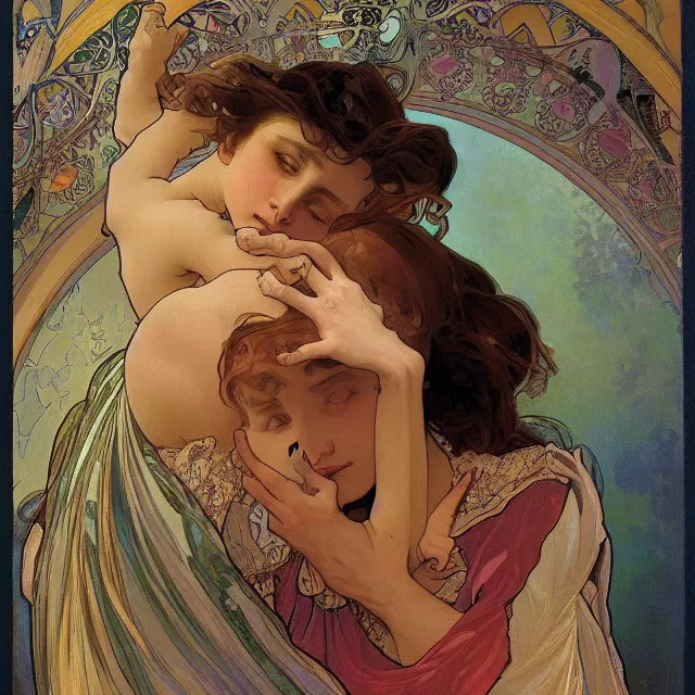 Prompt: an aesthetic! detailed portrait of an aesthetic woman crying mournfully while holding a child, by alphonse mucha, oil on canvas, bright colors, art nouveau, epic composition, dungeons and dragons fantasy art, hd, god - rays, ray - tracing, crisp contour - lines, huhd - 8 k