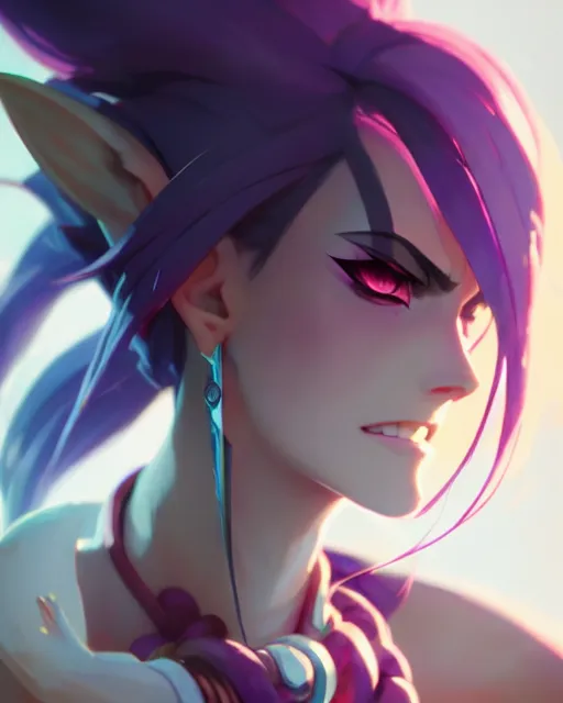 Prompt: jinx from league of legends, detailed perfect face, exquisite details, fire magic, mid view, design on a white background, by studio muti, greg rutkowski makoto shinkai takashi takeuch studio ghibli