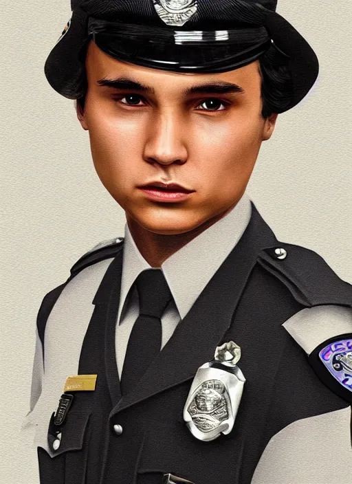 Prompt: teenage frank dillane in a police uniform, realistic, detailed, trending on artstation
