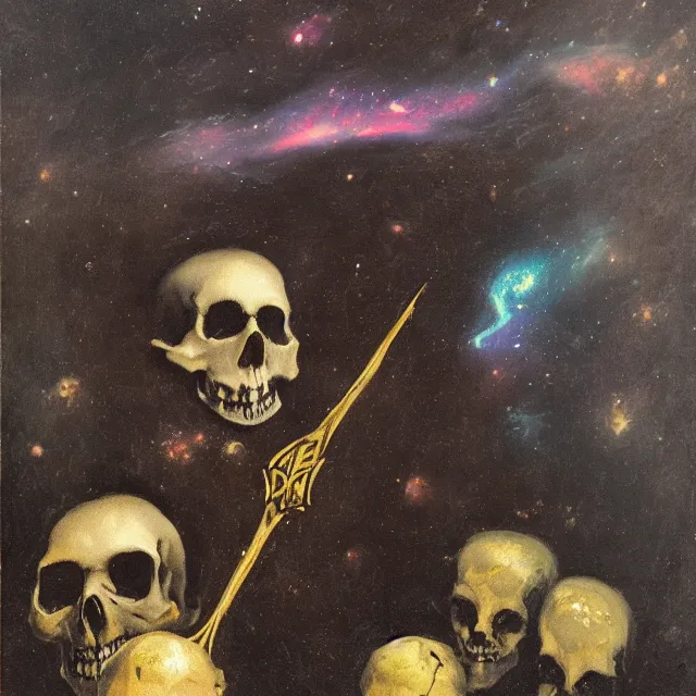 Image similar to grim-hatter, skull cane, voodoo ritual gear, matte painting art from goya and pirner, cursed oil painting, cosmic nebula color tones