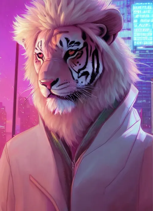 Prompt: beautiful portrait commission of a albino male furry anthro lion wearing a tiger striped jacket. vaporwave city at night in the rain. Neon light. Atmospheric. Character design by charlie bowater, ross tran, artgerm, and makoto shinkai, detailed, inked, western comic book art