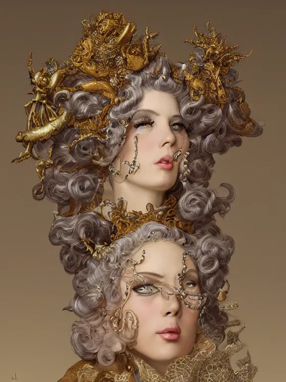 Image similar to a beautiful render of catholic rococo veiled drag queen with intricate detailed,by J.C.Leyendecker and carl larsson and M.W.kaluta and NekroXIII and Billelis,Trending on artstation,ZBrush,maximalist,glittering,gold,silver,ivory,jewelry,hyperreal