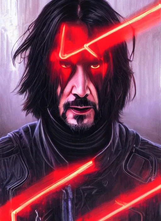 Image similar to Keanu Reeves, red glowing eyes, silver long hair, male, cyberpunk, extremely detailed, digital painting, artstation, concept art, smooth, sharp focus, illustration, stunning lighting, art by artgerm and greg rutkowski and alphonse mucha and simon stalenhag, realistic character concept, high fantasy, dark atmosphere, golden ratio, cinematic lighting, hyperdetailed, high resolution, insanely detailed and intricate, artstation, Marc Simonetti, Greg Rutkowski, 8k