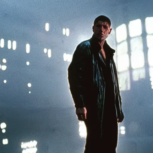 Image similar to film still blade runner with a man in a techwear outfit