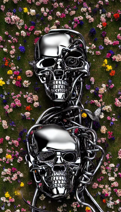 Image similar to destroyed terminator lying in a field of flowers, twisted metal, chrome, reflections, anthropomorphic, photorealism, smoke, metal, 8 k, surreal, wires, smooth, sharp focus, top view, extremely detailed, hyperrealism, elegant, establishing shot, by jeff koons, artgerm and greg rutkowski