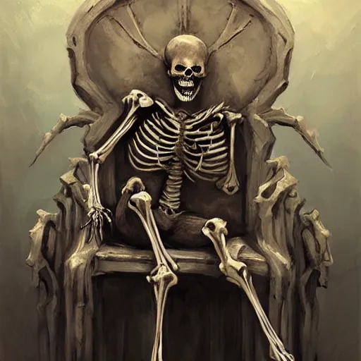 Image similar to Skeleton King, human skeleton, resting on his throne, oil painting, by Fernanda Suarez and Greg Rutkowski