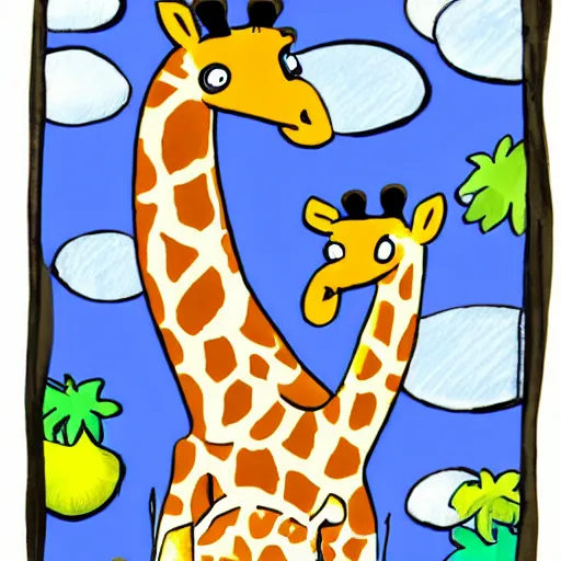 Prompt: giraffe falls for a scam, children's book illustration
