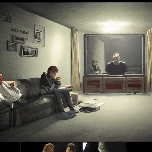 Image similar to pov shot behind a a family sat on a sofa watching mind control TV propoganda in an eerie room, trending on artstation, dystopian and depressing