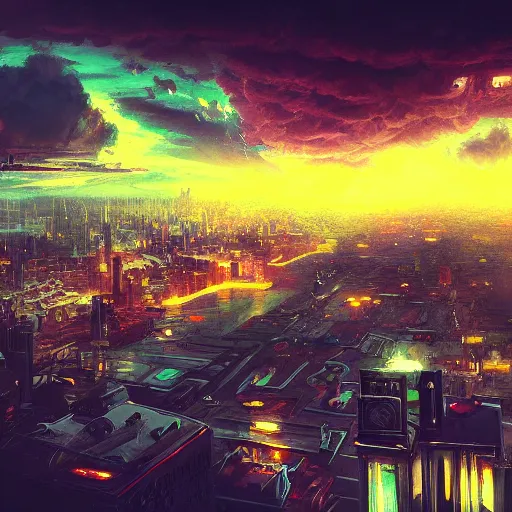 Prompt: city in the clouds, beautiful art, dreamy, high detail, neon, dramatic, cinematic, clouds, moody, star ships, detail, clean, sharp, fantasy art