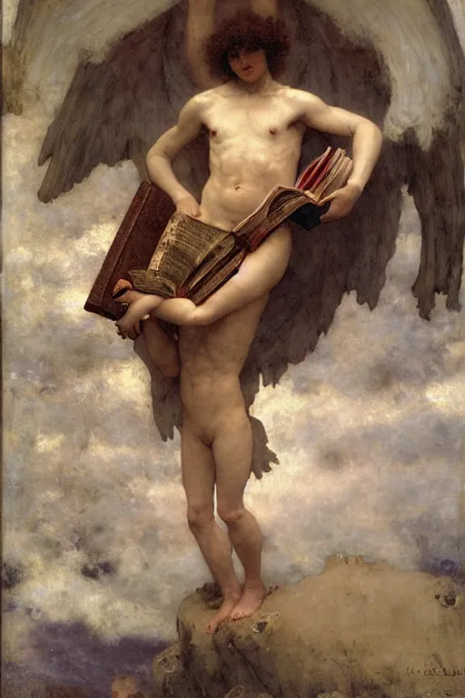 Image similar to a renaissance oil painting close shot portrait by alma tadema of a demon lucifer with large wings holding a book surrounded by lightning clouds descending upon foggy frost, colourful pastel, detailed academic bouguereau, high shadow, sharp focus