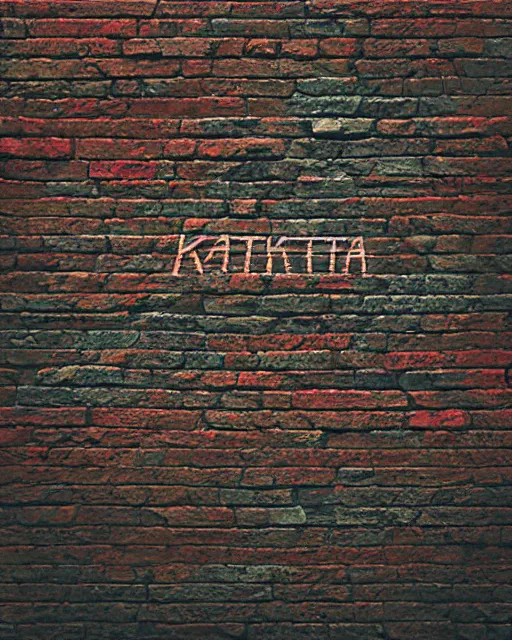 Image similar to text katukilta painted on the brick wall. dimly forest, prismatic highlights, atmosphere, gorgeous, depth of field, cinematic, macro, concept art, 50mm, artstation, wlop, elegant, epic, weta digital, focus, octane render, v-ray, 8k, kodak portra, art by Asaf Hanuka