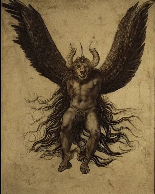 Image similar to human / eagle / lion / ox hybrid with two horns, one big beak, mane, human body. drawn by leonardo da vinci