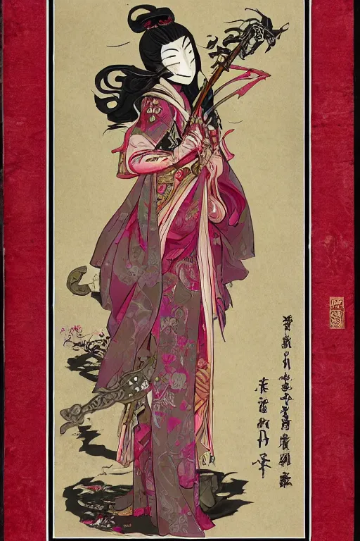 Prompt: full - bodied portrait, female changeling in rose - patterned eastern light armor, wielding a decorated halberd, wearing sandals, barefoot, geisha mask, realistic proportions, reasonable fantasy, ghostblade, wlop.