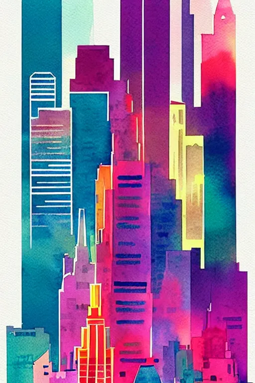 Image similar to minimalist colorful watercolor line art of duabi, art deco, cityscape, matte drawing, poster art