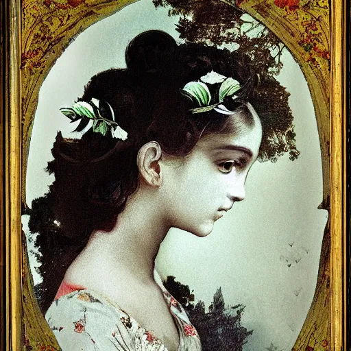 Image similar to double exposure portrait of a beautiful short dark haired feminine queen, floral composition, silhouettes of windy trees, by leonard de vinci, double exposure, by eugene delacroix