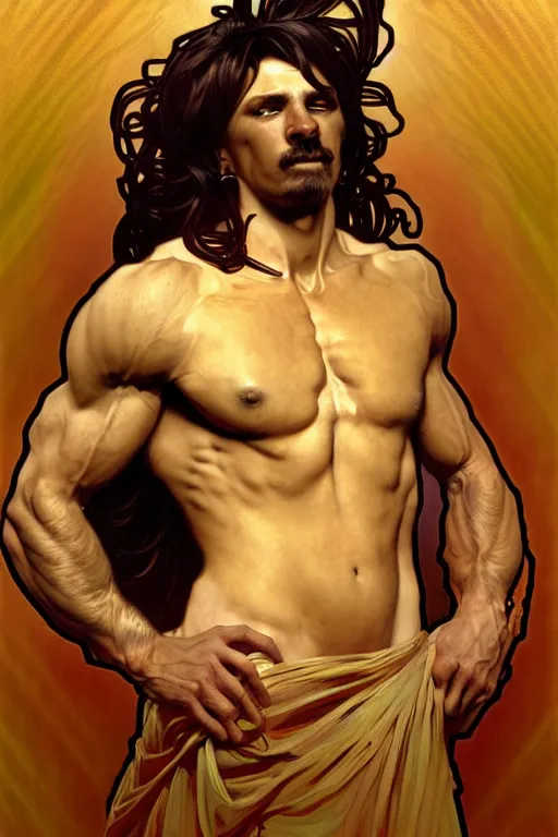 Prompt: portrait of dog as god by greg ruthkowski, alphonse mucha and craig mullins, gorgeous, amazing, flowing hair, muscular, very muscular male body, intricate, highly detailed, 8 k, digital painting