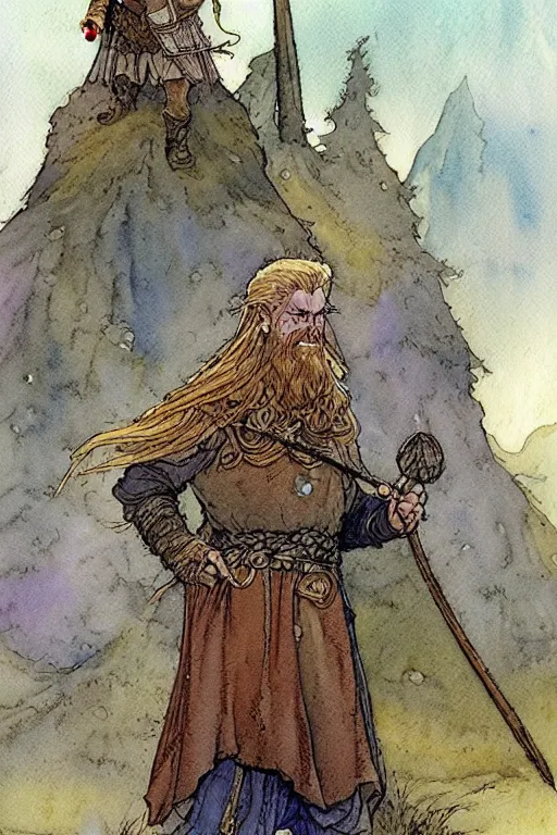 Image similar to a simple and atmospheric watercolour fantasy character concept art painting of a viking fairytale, very muted colors, by rebecca guay, michael kaluta, charles vess and jean moebius giraud