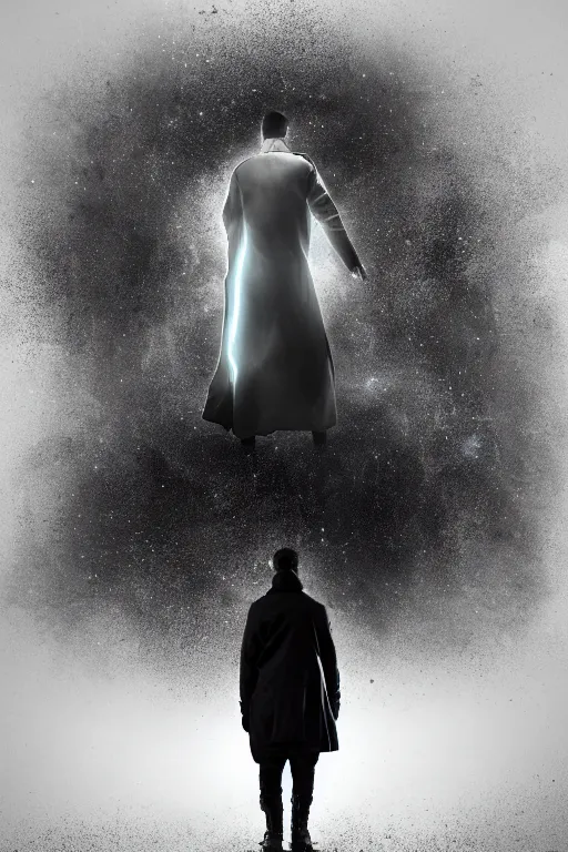 Prompt: trench - coat wearing entity, galaxy bender experiencing the quantum field, elevated consciousness, beautiful astrological neural network, matte painting and comic book art, twist of time, realistic, trending on artstation, sharp focus, depth of field, cinematic composition, physics black and white with splashes of colors, science fiction