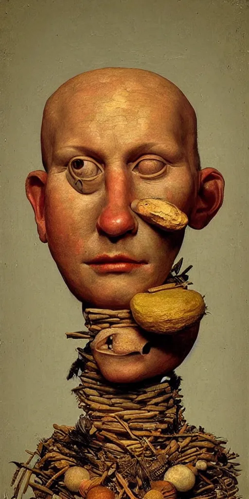 Image similar to very very beautiful portrait photo of 3d face made from primitive objects, Perfect face, extremely high details, realistic, by Giuseppe Arcimboldo, Edward Hopper, Rene Margitte,