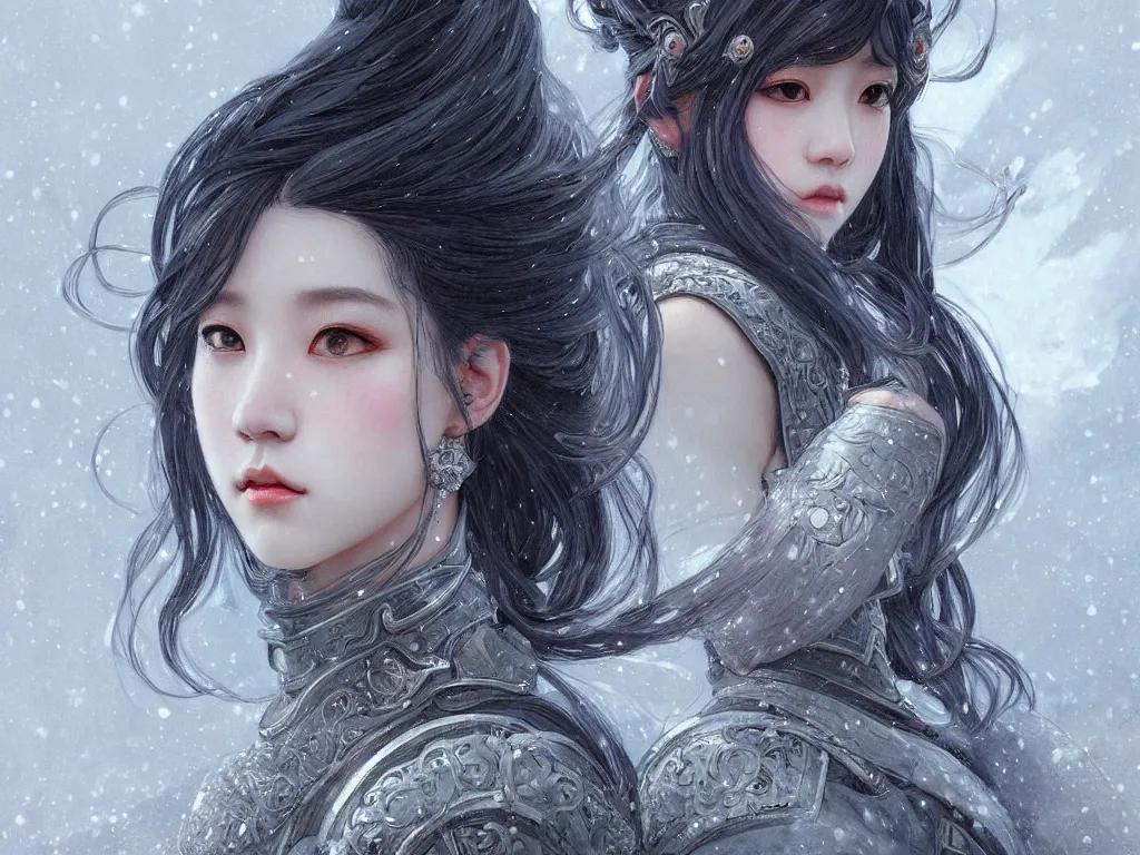 Image similar to portrait jisoo blackpink, grey hair armored samurai clothes, in torii black magic snowy night, ssci - fi and fantasy, intricate and very very beautiful and elegant, digital painting, artstation, concept art, smooth, illustration, art by tian zi and wlop and alphonse mucha