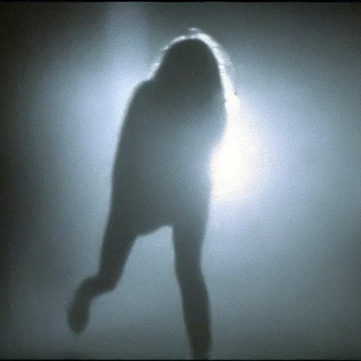 Image similar to a terrified scientist running from a huge slimy alien that came through a particle beam portal. Still frame from 80s horror film.