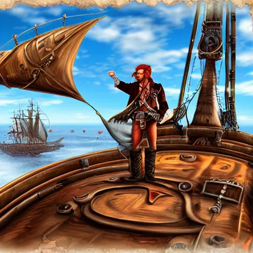 Image similar to Red headed sky-pirate standing onboard his steampunk airship, epic fantasy art style HD