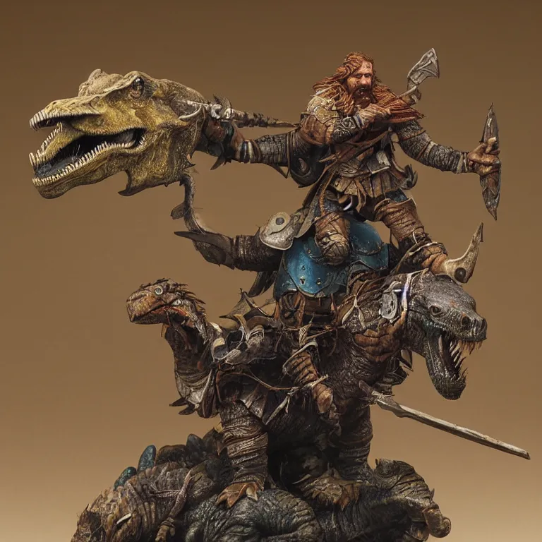 Prompt: diorama of a viking berserker riding a dinosaur, highly detailed, award winning mini painting, studio lighting