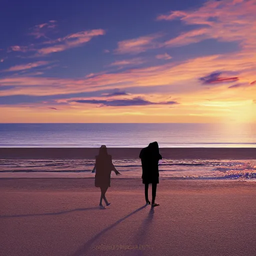 Prompt: two shadow figures walking along the beach, sunset, digital art