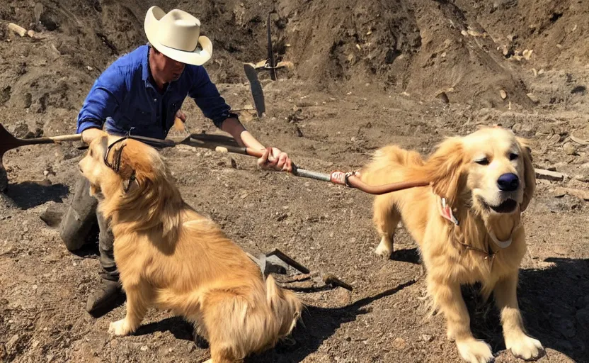 Prompt: photo of a golden retriever in a gold mine wearing a western hat and finding gold nuggets with a pickaxe