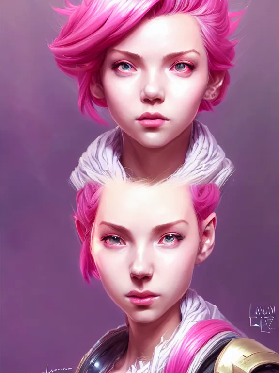 Prompt: a League of Legends FAN ART Portrait of VI, pink hair, short hair, elegant, highly detailed, digital painting, concept art, smooth, sharp focus, illustration, by Laurie Greasley,Lawrence Alma-Tadema,Dan Mumford,artstation,deviantart,Unreal Engine,face enhance,8K,golden ratio,cinematic lighting