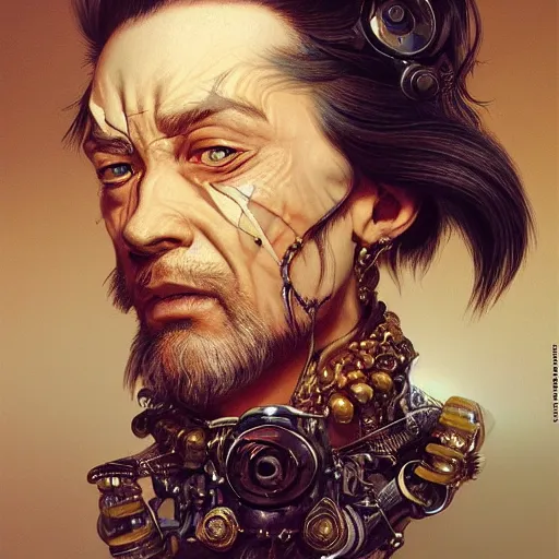 Image similar to portrait, headshot, insanely nice hair style, digital painting, of a old 17th century, old cyborg merchant, amber jewels, baroque, ornate clothing, scifi, realistic, hyperdetailed, chiaroscuro, concept art, art by Franz Hals and Jon Foster and Ayami Kojima and Amano and Karol Bak,