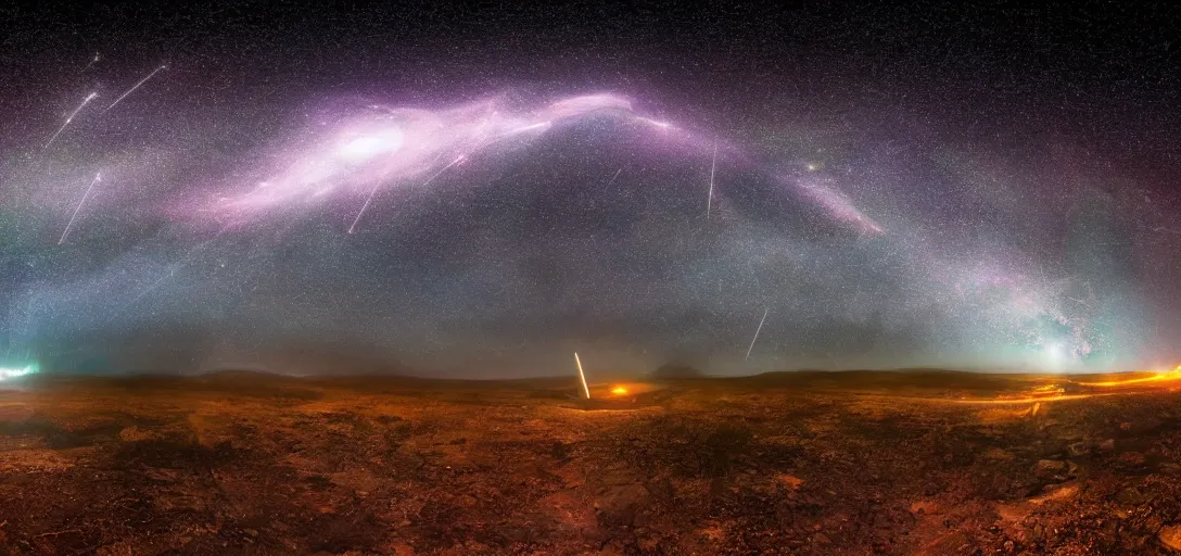 Image similar to A meteor shower illuminating a dark night sky, UFOs are flying around in the atmosphere, highly detailed, digital photo, HDRI, by christopher bretz and kael ngu, vivid colors, high contrast, 8k resolution, intricate, photorealistic, smooth, psychedelic color scheme,