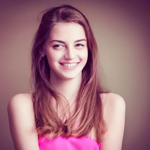 Image similar to Very beautiful girl with pink caret, photography, smiling