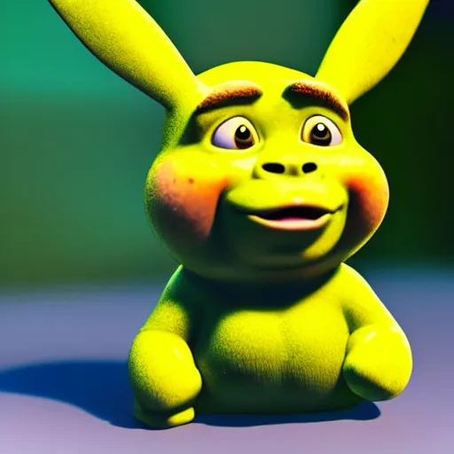 Image similar to shrek as pikachu, highly detailed, extremely high quality, hd, 4 k, 8 k, canon 3 0 0 mm, professional photographer, 4 0 mp, lifelike, top - rated, award winning, realistic, detailed lighting, detailed shadows, sharp, no blur, edited, corrected, trending