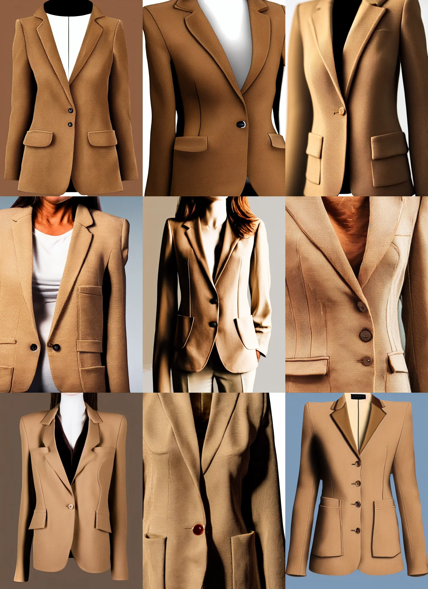 Prompt: a realistic highly detailed photograph of a single woman blazer, with two front pockets, with shoulder pads, with one brown button, beige color scheme, 8 k