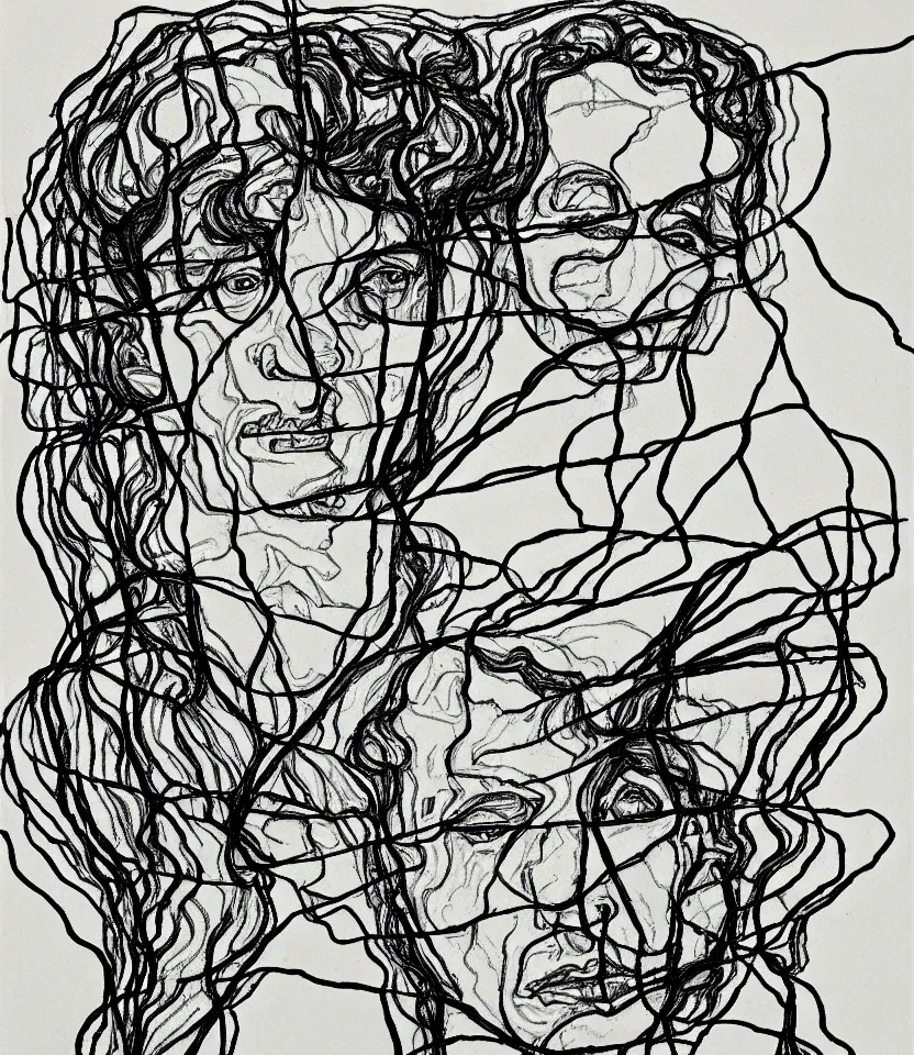 Image similar to monochrome lineography contour lines of leonard cohen inspired by egon schiele, jean de beaugrand,.