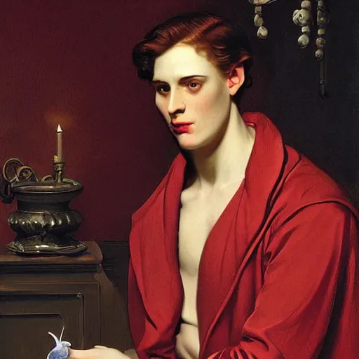 Prompt: daek gloomy shadows on the walls candle lighting, young beautiful man with reddish hair in lilac dressing gown holds a candle at night, creepy shadows crawling on the walls, highly detailed, digital art, Renaissance painting, by Leyendecker, by Rutkowsky,
