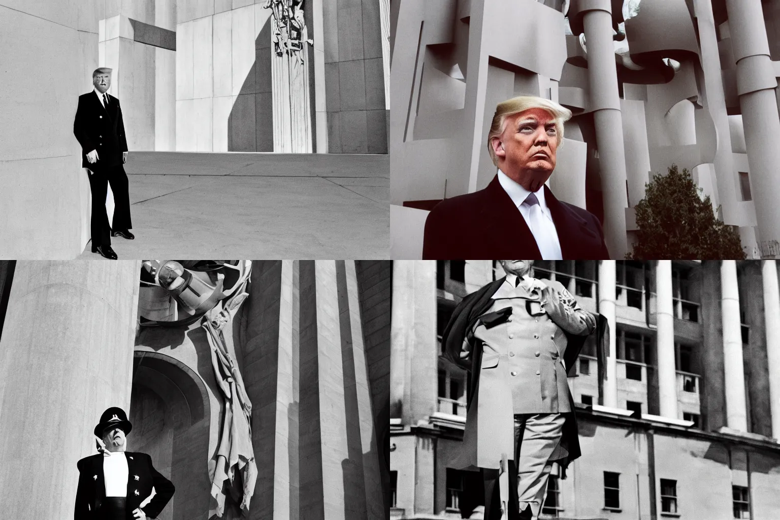 Prompt: high-angle fashion photograph of Donald Trump wearing Reichsstaffelführer outfit, in front of architecture designed by Marcello Piacentini, high-contrast lighting, off-camera flash, canon 24mm, Ektachrome photograph