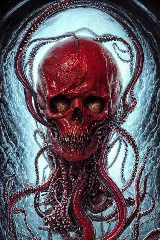 Image similar to realistic portrait of beautifully crystalized and detailed portrait of a melting skull, tentacles, tendrils, eldritch, matte painting of cinematic movie scene red dragon, horror, created by gustave dore and greg rutkowski, high detailed, smooth draw, synthwave neon retro, intricate, realistic proportions, dramatic lighting, trending on artstation.