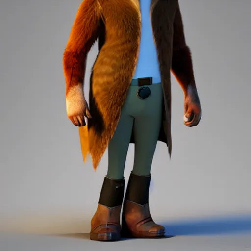 Image similar to full body shot, 3 d render, anthropomorphic coyote male, wearing along brown leather maxi coat, in the style of zootopia, highly detailed attributes and atmosphere, dim volumetric cinematic lighting