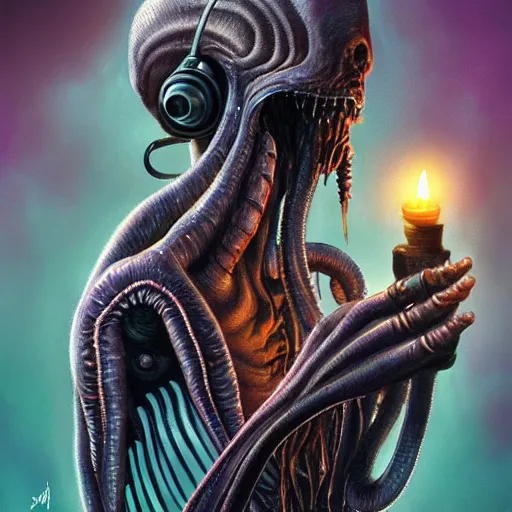 Image similar to ilithid mindflayer wearing headphones and playing synthesizers, glowing candles, elegant, intricate, digital painting, airbrush painting, artstation, sharp focus, illustration, by HR Giger,