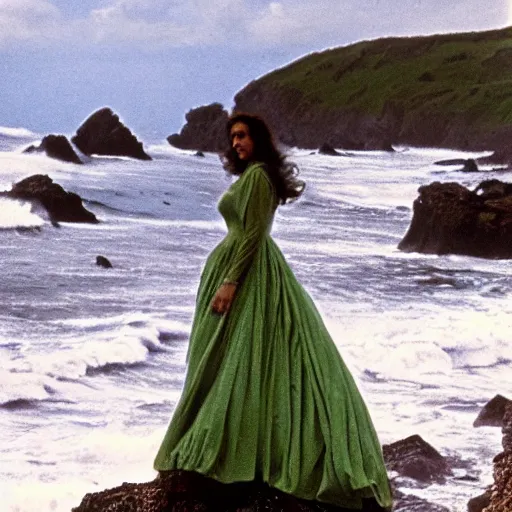 Prompt: 1 9 7 0's artistic italian western film in color, a woman in a giant billowy wide flowing waving dress made out of sea foam, standing inside a green mossy irish rocky scenic landscape, crashing waves and sea foam, volumetric lighting, backlit, moody, atmospheric