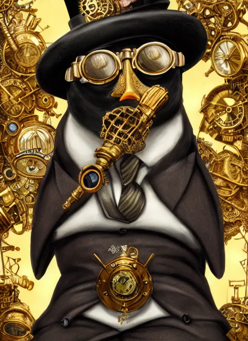 Image similar to athropomorphized rich penguin capitalist sitting on pile of gold, wearing steampunk top hat, steampunk goggles, casting spell, concept art, insanely detailed and intricate, hypermaximalist, elegant, ornate, hyper realistic, super detailed, art deco, cinematic, trending on artstation, magic the gathering artwork