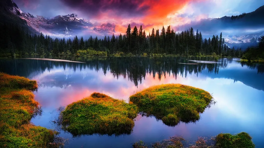 Image similar to amazing landscape photo of a forest with lake in sunset by marc adamus, beautiful dramatic lighting