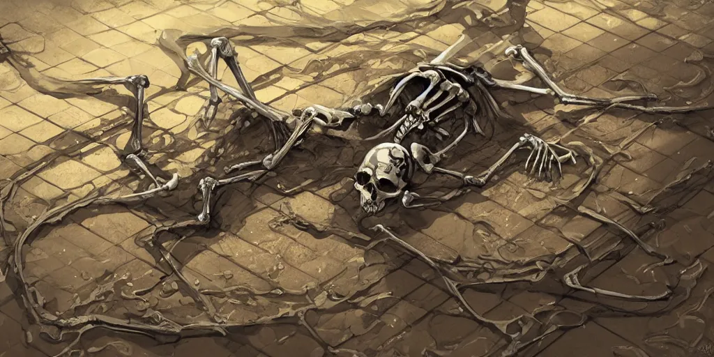 Image similar to skeleton lying in a puddle of mercury, pipe in the background, fantasy, digital art, trending on artstation