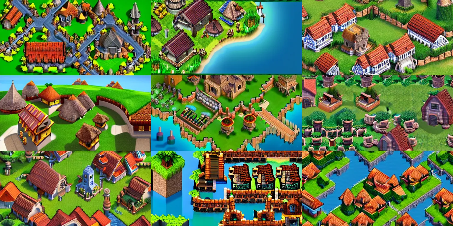Prompt: aerial view of medieval village on island, clash of clans