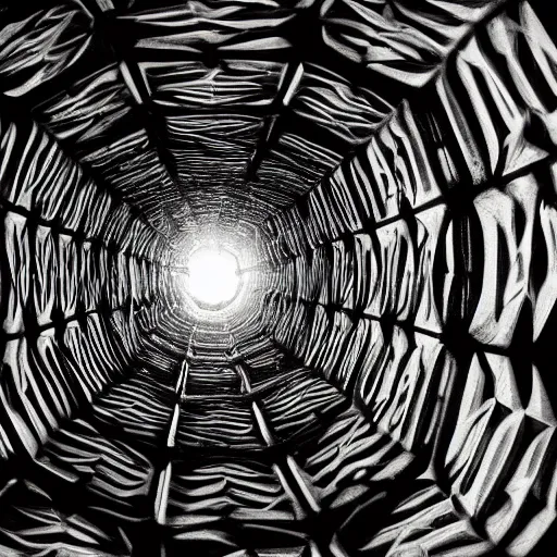 Image similar to collapsing tunnels cascading into echoes of octagon patterns, stuttering squares, staircases that go to infinity, reflection pool, dreamscape, lost, x - files, giger, escher, loish, twilight zone, chaos, mtg, labyrinthine, maze