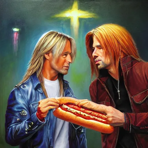 Image similar to portrait of brett michaels and criss angel sharing hotdogs, an oil painting by ross tran and thomas kincade